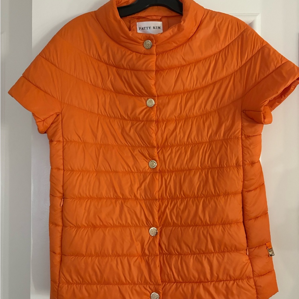 PATTY KIM Orange Short-Sleeve Quilted Puffer Shirt with Gold Buttons